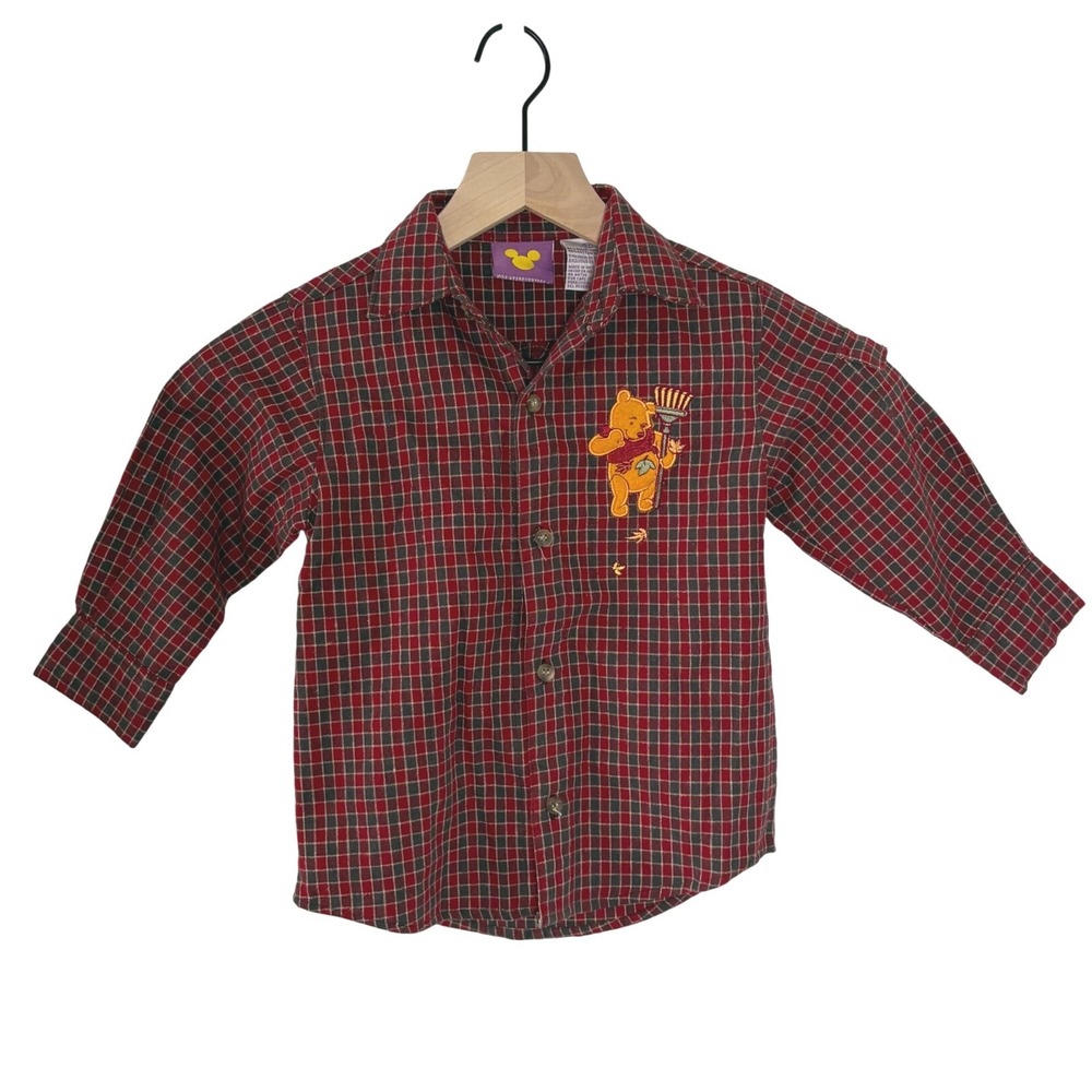 Disney‎ Store Winnie the Pooh Plaid Button Down Shirt Red Grey Kids 3T